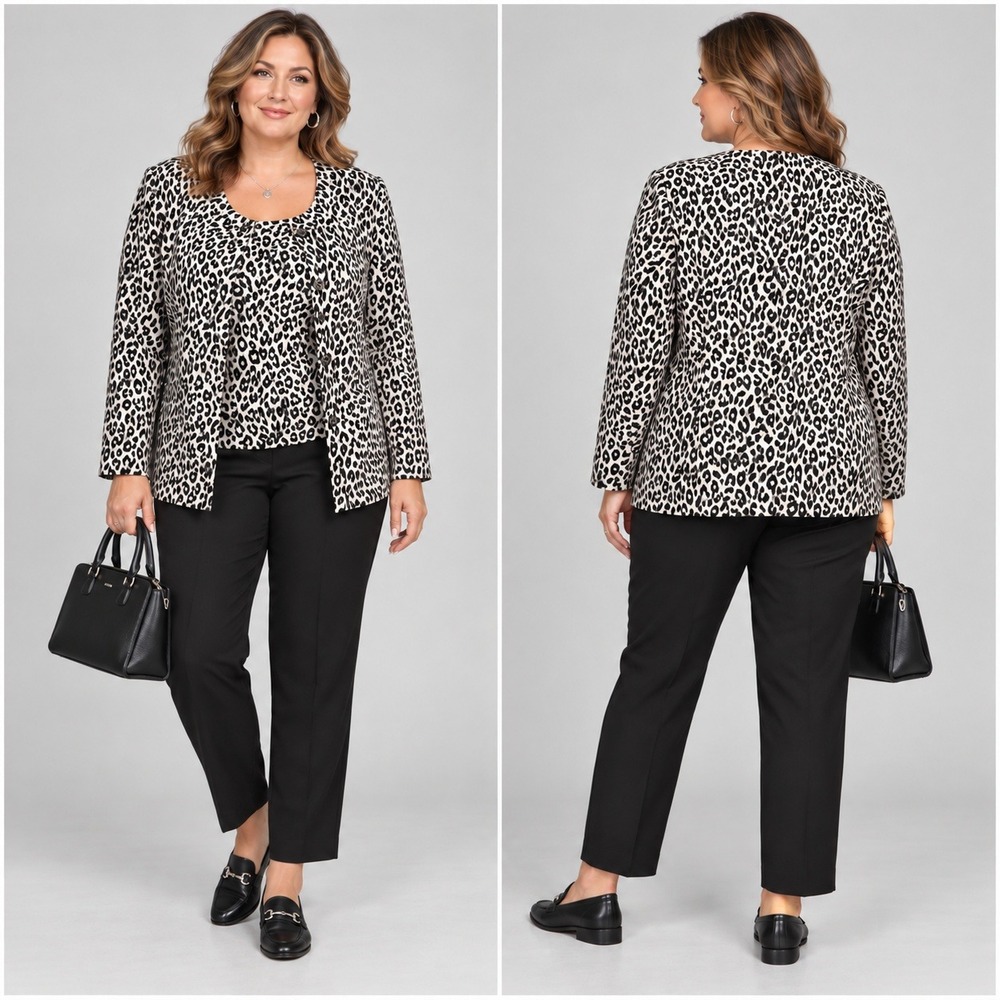 Rafaella Leopard Print Twin Set Shell Jacket Cardigan 2 Pc Office Chic Size 2X